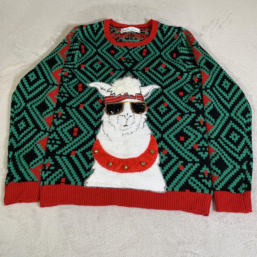 Jolly Sweaters Sweater Mens Medium Green Llama Ugly Christmas 100% Acrylic Knit